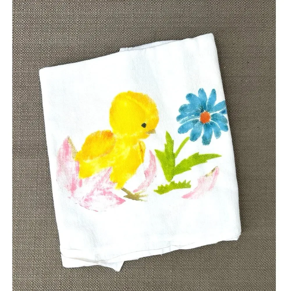 Lot Set of 2 Vintage Hand Painted Chicken Chicks Flour Sack Kitchen Towels